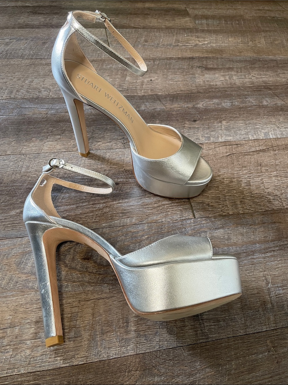 Stuart Weitzman Leather Disco Platform Sandal Peep Toe Heels